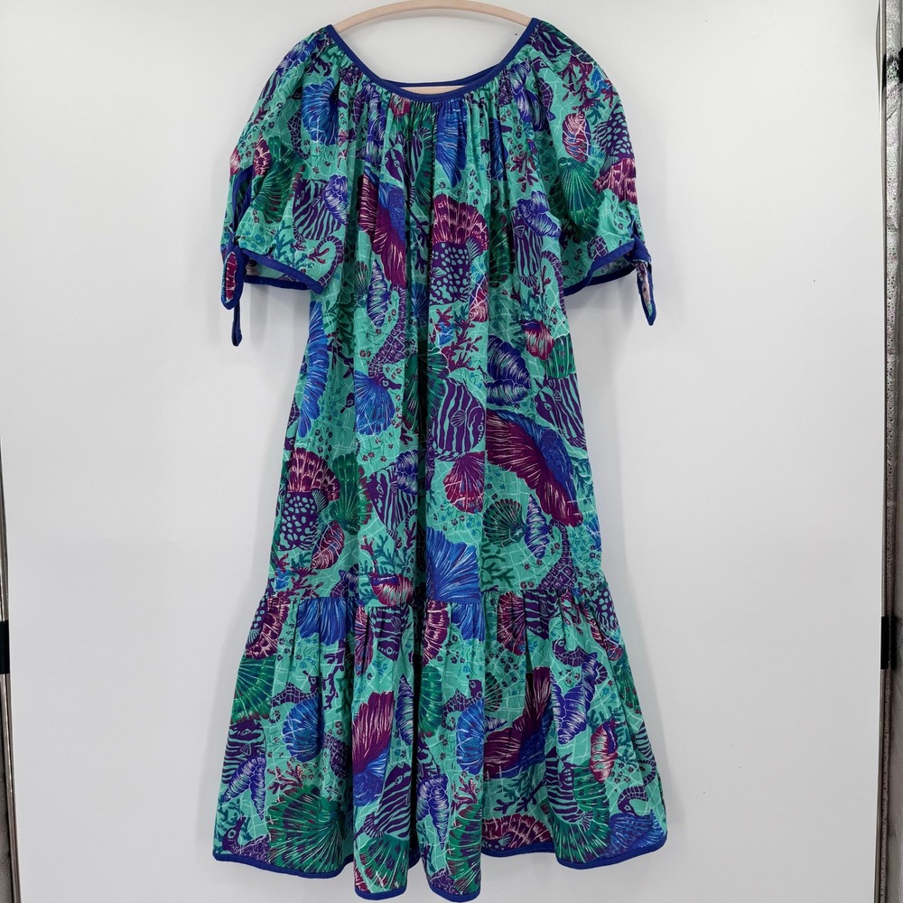 Vintage Appel Nautical Turquoise Sea Life Print Muumuu Midi Sun dress Small